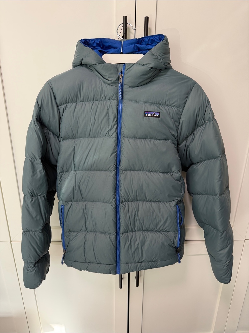 Patagonia Kids Hi-Loft Down Sweater Hoody- Slate Green with Blue Trim